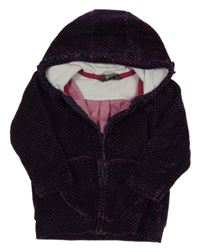 Tmavomodro-růžová puntíkatá sametová propínací mikina s kapucí 