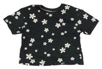 Černé crop tričko s kytičkami Primark