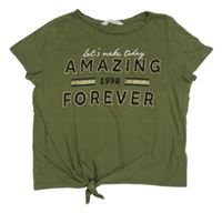 Khaki crop tričko s nápisy a uzlem H&M