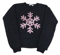 Tmavomodrý třpytivý svetr s vločkou z flitrů Primark