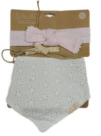 Nové - 3set - Bílý plátěný šátek s kytičkami + béžová čelenka + růžová čelenka Lily&Jack