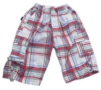 Bílo-červeno-šedo-modré kostkované cargo capri kalhoty 