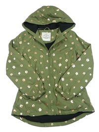 Khaki šusťáková jarní parka se zlatými květy a kapucí George