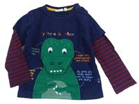 Tmavomodro/vinové mikinotriko s dinosaurem a nápisy a pruhy Jojo Maman Bébé