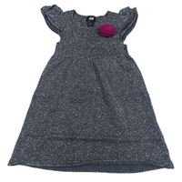 Tmavošedo-stříbrné melírované svetrové šaty s květem a voláky H&M