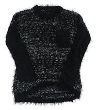 Černo-bílý melírovaný chlupatý dlouhý oversize svetr s kapsou Sisley