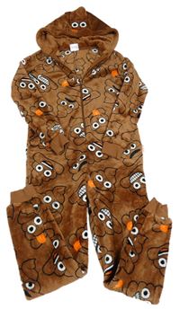 Hnědá plyšová kombinéza s emoji a kapucí Matalan