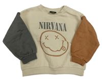 Světlebéžovo-hnědo-tmavošedá oversize mikina se smajlíkem a nápisem 