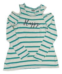 Bílo-jadeitové pruhované triko s nápisem a volnými rameny YIGGA