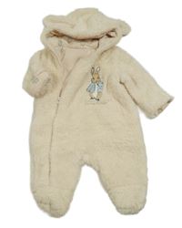 Smetanová chlupatá podšitá kombinéza s králíčkem - Peter Rabbit a kapucí s oušky St. Bernard