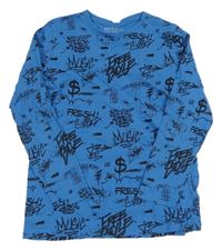 Modré triko s graffiti nápisy PRIMARK