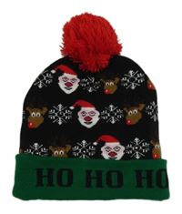 Černo-tmavozelená pletená vánoční čepice se Sandy a soby a žárovičkami a bambulí 