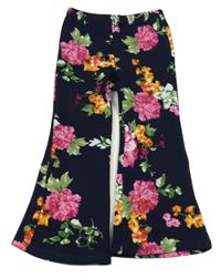 Tmavomodré mačkané flare kalhoty s kytičkami SHEIN