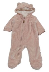 Světlerůžová kožešinová podšitá kombinéza s kapucí s oušky F&F