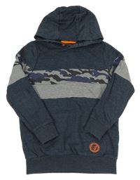 Tmavomodro-šedo-army melírovaná mikina s kapsou se znakem a kapucí F&F