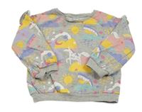 Šedá melírovaná mikina s jednorožci a sluníčky a volánky Tu