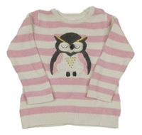 Bílo-růžová pruhovaná pletená šatová tunika se sovičkou Topomini