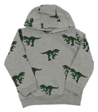 Šedá melírovaná mikina s dinosaury a kapsou a kapucí JEFF&CO
