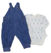 2Set - Modré manšestrové laclové podšité kalhoty s medvídkem + bílé vzorované body s medvídky a hvězdičkami Next