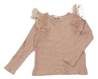 Pudrové žebrované triko s tylovými volánky s flitry H&M