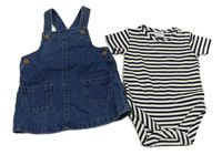 2set - Modré riflové laclové šaty + tmavomodro-bílé pruhované žebrované body F&F