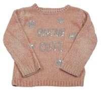 Růžový žinylkový svetr s vločkami a nápisem z flitrů Primark