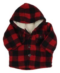Červeno-černá kostkovaná fleecová zateplená propínací mikina s kapucí Benetton