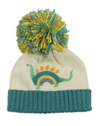 Smetanovo-modrá pletená čepice s dinosaurem a bambulí George
