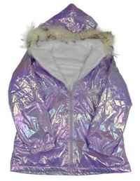 Lila metalická šusťáková zateplená parka s kapucí s kožešinou