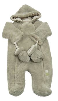 Šedá chlupatá zateplená kombinéza s kapucí + rukavice