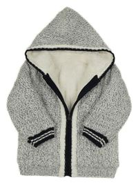 Bílo-tmavomodrý melírovaný zateplený propínací svetr s kapucí Nutmeg