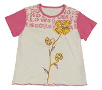 Bílo-růžové tričko s květinou s flitry