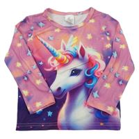 Růžovo-fialové triko s jednorožcem a hvězdami
