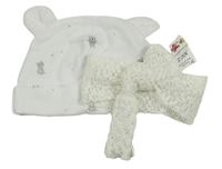 2set - Bílá bavlněná čepice s medvědy + bílá krajková čelenka s mašlí