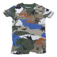 Khaki-hnědo-modré tričko s dinosaury a sopkami Carter's