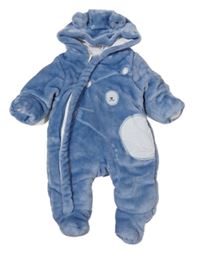 Modro-bílá chlupatá zateplená kombinéza s medvědem a kapucí Mothercare