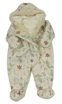 Bílá květovaná šusťáková zimní kombinéza s kapucí s kožešinou Nutmeg