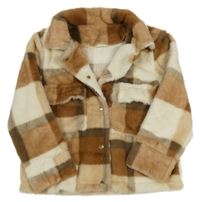 Béžovo-hnědá kostkovaná chlupatá košilová bunda s kapsami 