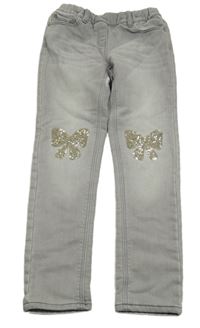 Šedé thermo džegíny s mašlemi z flitrů 