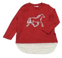 Červené úpletové triko s jednorožcem a tylovým volánkem Topolino