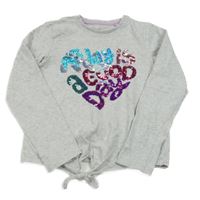 Šedé melírované triko s nápisy z flitrů a uzlem Nutmeg