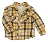 Okrovo-smetanovo-hnědá kostkovaná zateplená košilová bunda 