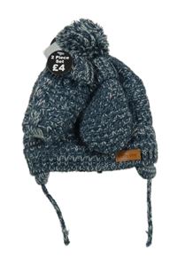 Nové - 2 set - tmavomodrá melírovaná zateplená čepice s bambulí + rukavice Early Days
