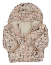 Světlerůžovo-šedá šusťáková zateplená bunda se zvířátky a kapucí F&F