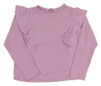 Růžové žebrované úpletové triko s volánky H&M