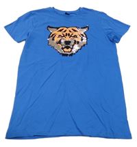 Modré tričko s tygrem z flitrů Y.F.K.