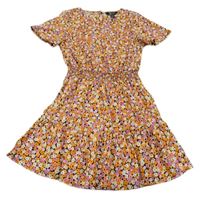 Oranžovo-růžovo-černé květované lehké šaty New Look