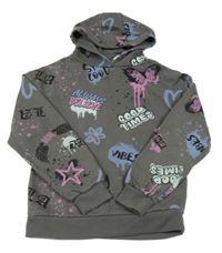 Tmavošedá mikina s nápisy a obrázky a kapucí Primark