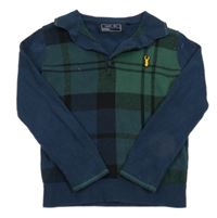 Tmavomodro-zelený kostkovaný lehký svetr s límečkem Next