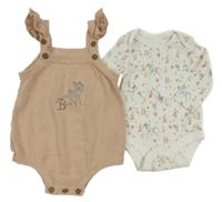 2 set - bílé vzorované body s Bambim + pudrové pletené laclové kraťasy s Bambim Tu